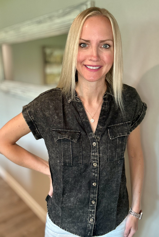 Cloud Nine to Five Button Down Blouse in Ash Black
