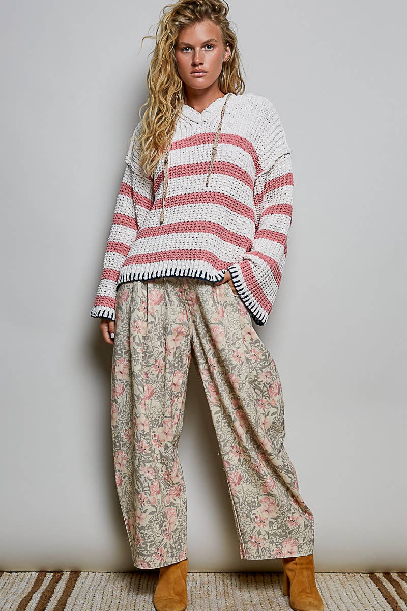 Hoodie V-neck Striped Long Sleeve Stitch Chenille Sweater: IVORY/PINK