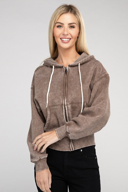 Acid Wash Fleece Cropped Zip-Up Hoodie