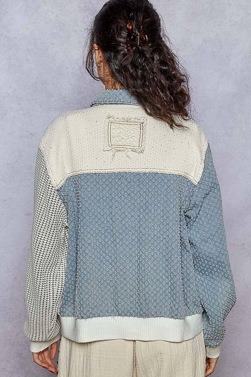 Vintage Washed Crochet Patch Solid Twill Jacket: DENIM MULTI