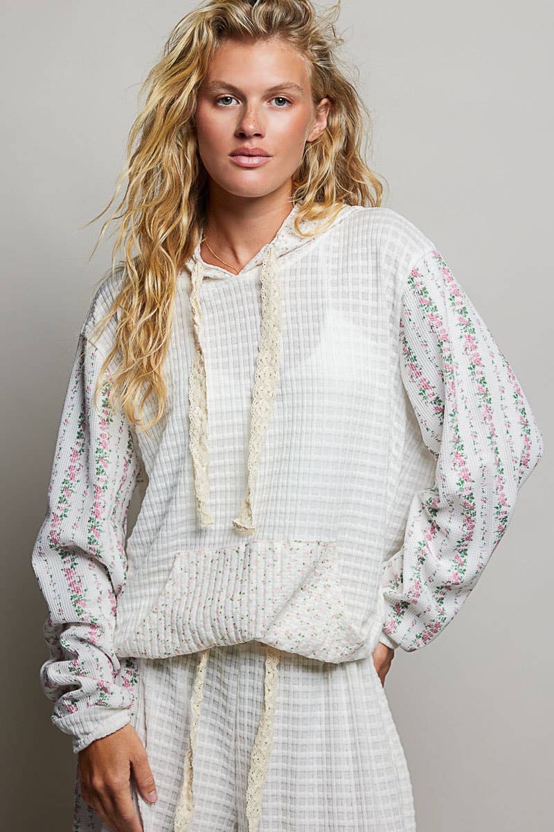 Kangaroo Pocket Mixed Knit Contrast Hooded Pullover