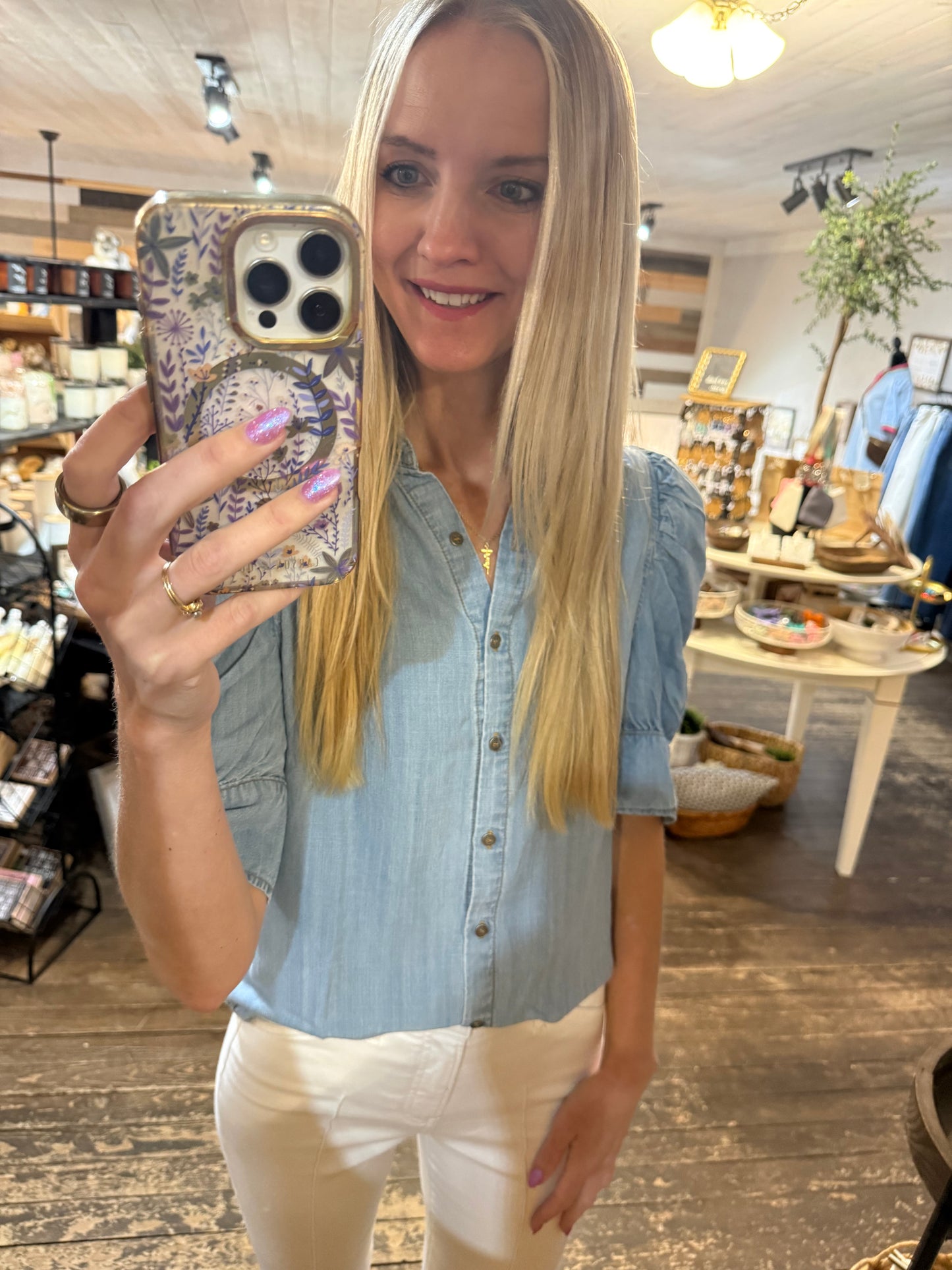 Short Puff Sleeve Chambray Shirt