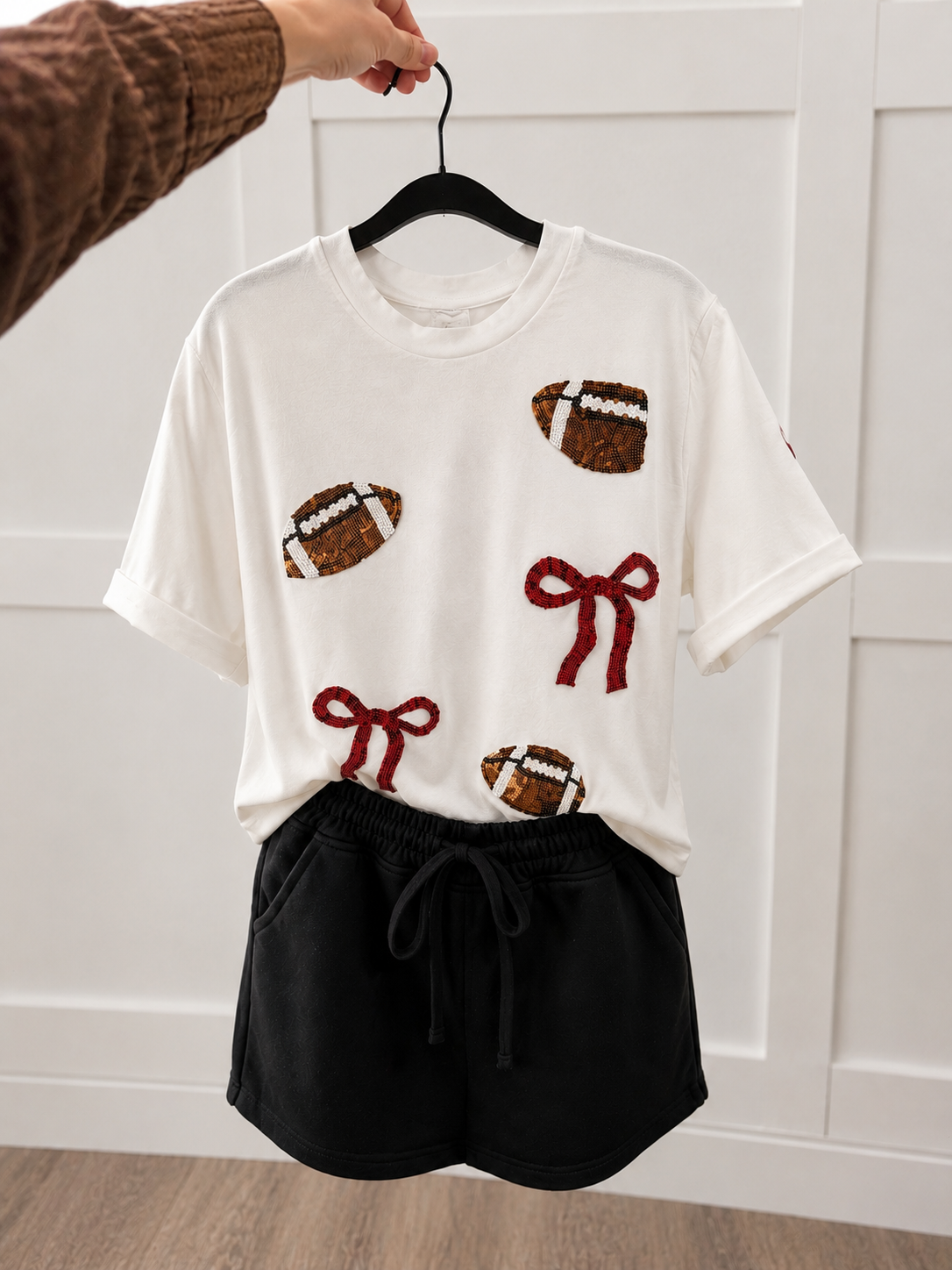 Sequin Rugby Bow Print Round Neck Casual Shift Tee