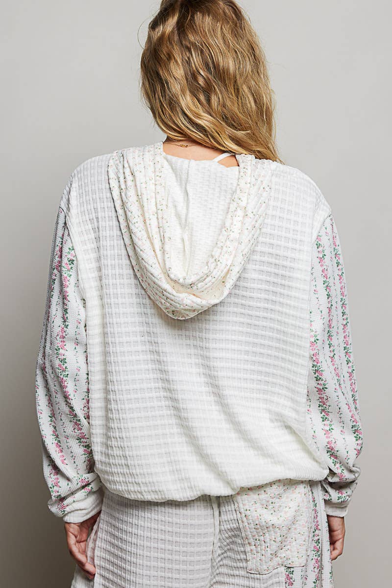 Kangaroo Pocket Mixed Knit Contrast Hooded Pullover