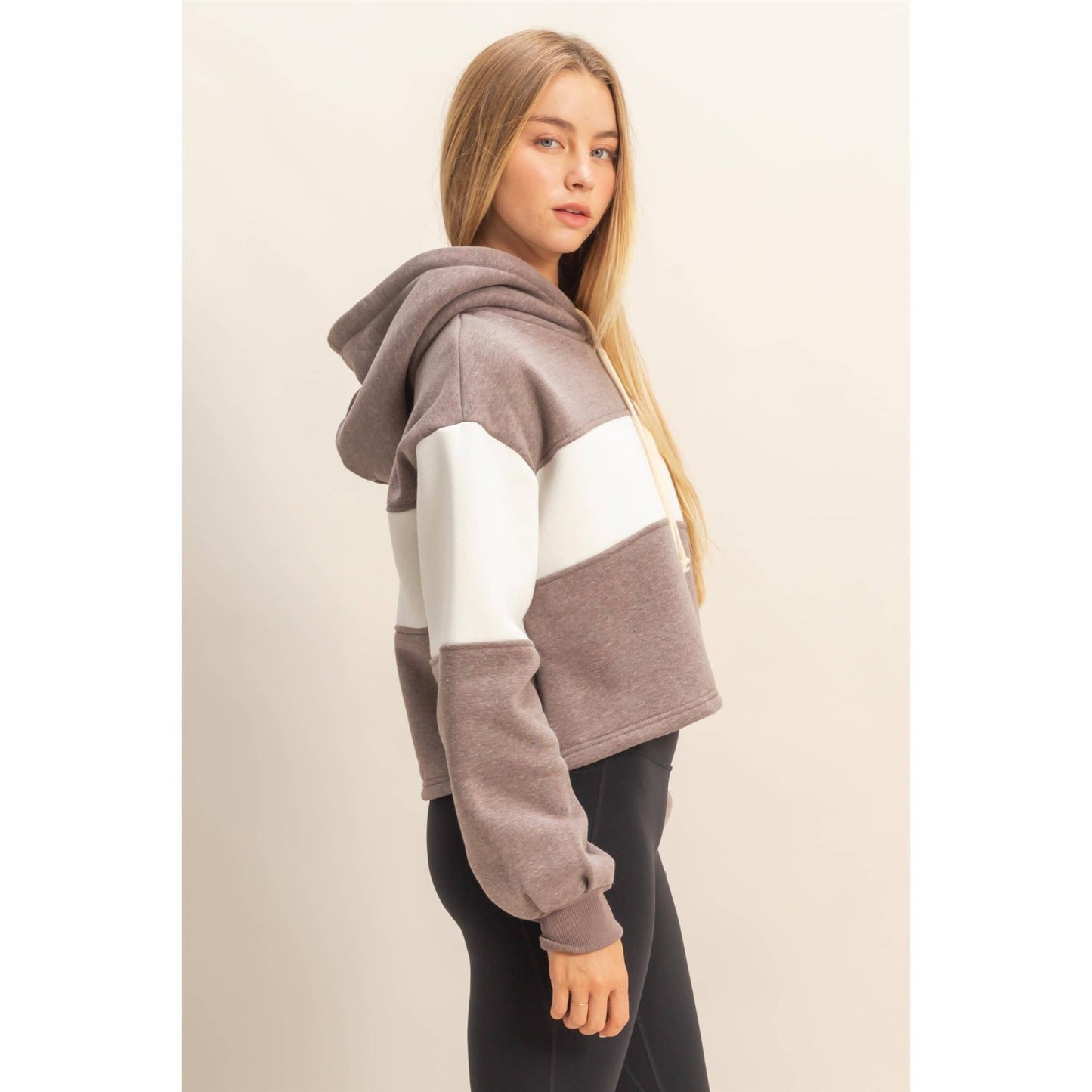 Colorblock Cropped Hoodie: WALNUT / S-M-L(2-2-2)