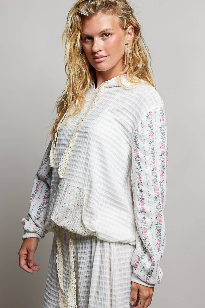 Kangaroo Pocket Mixed Knit Contrast Hooded Pullover