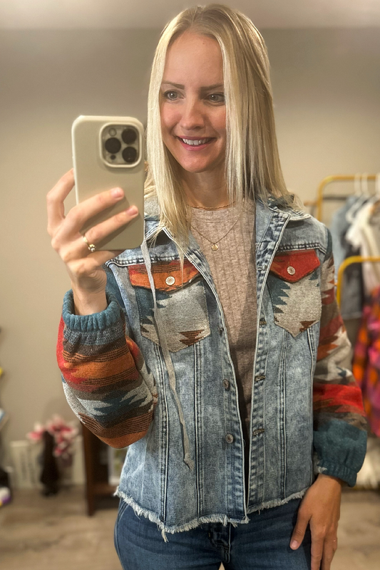 Geometric Print Frayed Hem Denim Jacket