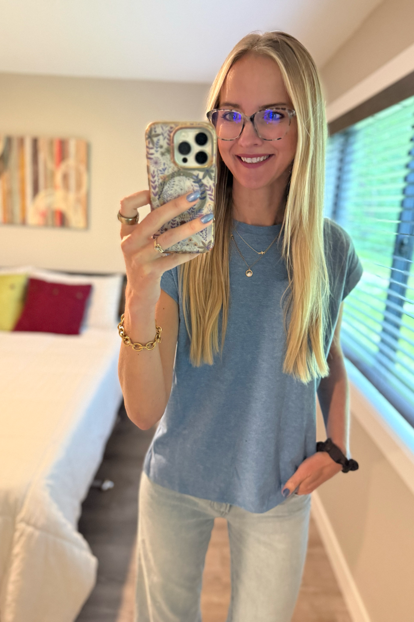 Round Neck Folded Short Sleeve T-shirt - Classic Blue