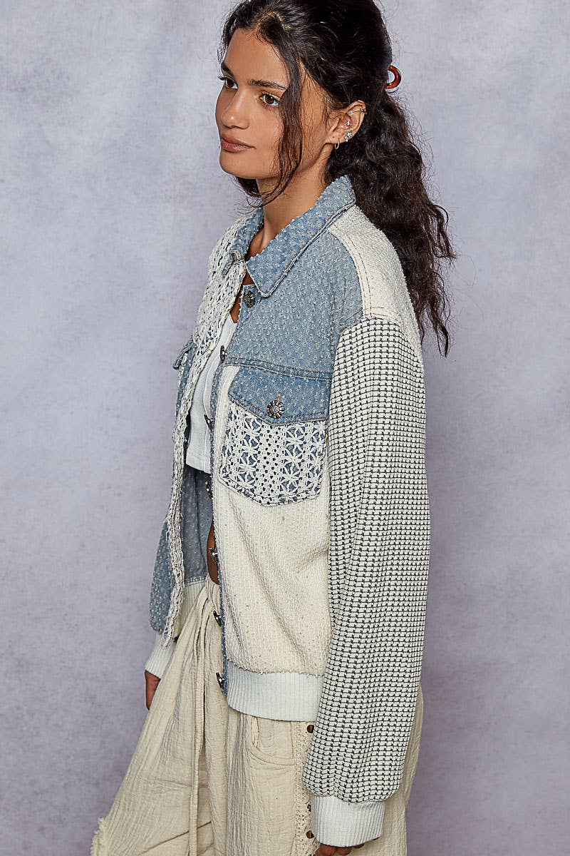 Vintage Washed Crochet Patch Solid Twill Jacket: DENIM MULTI