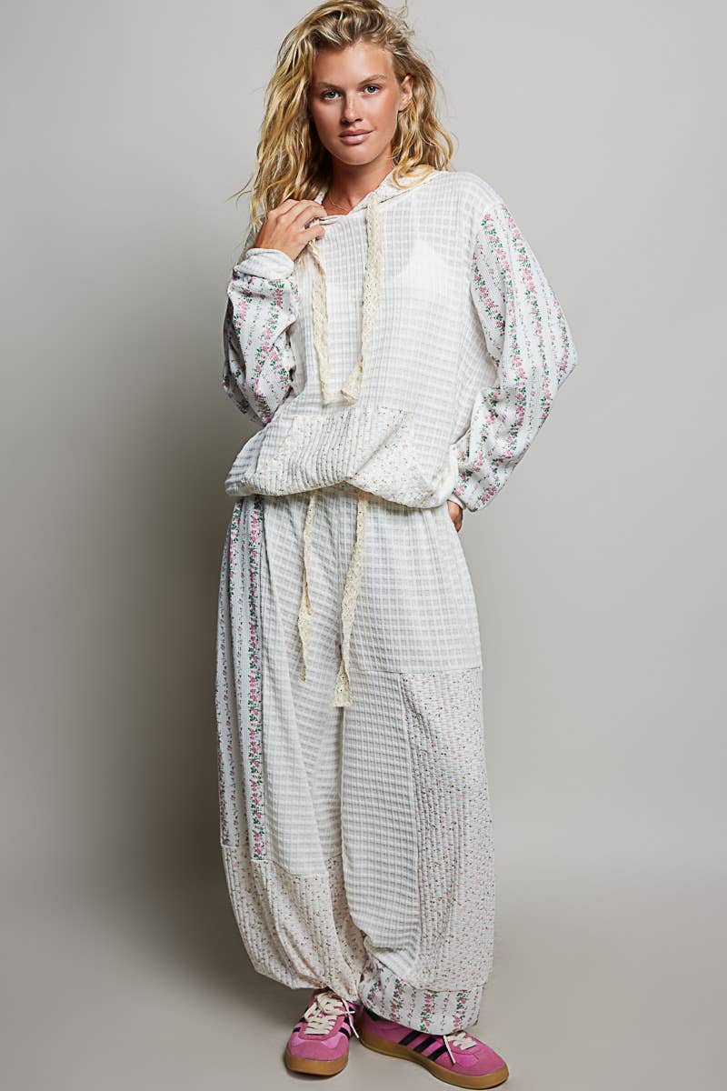 Kangaroo Pocket Mixed Knit Contrast Hooded Pullover
