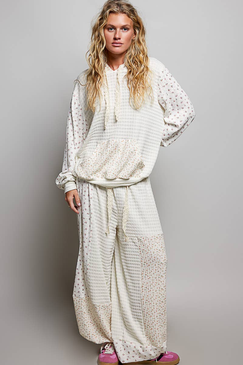 Kangaroo Pocket Mixed Knit Contrast Hooded Pullover