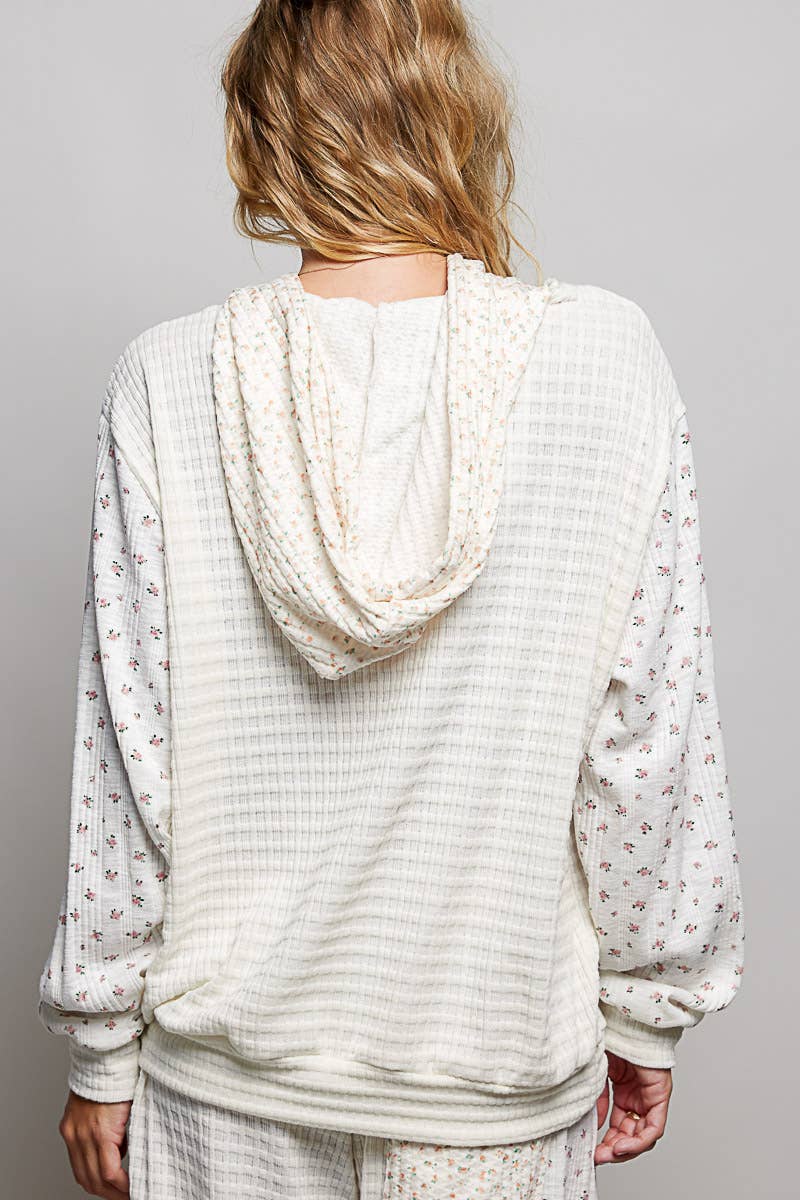 Kangaroo Pocket Mixed Knit Contrast Hooded Pullover
