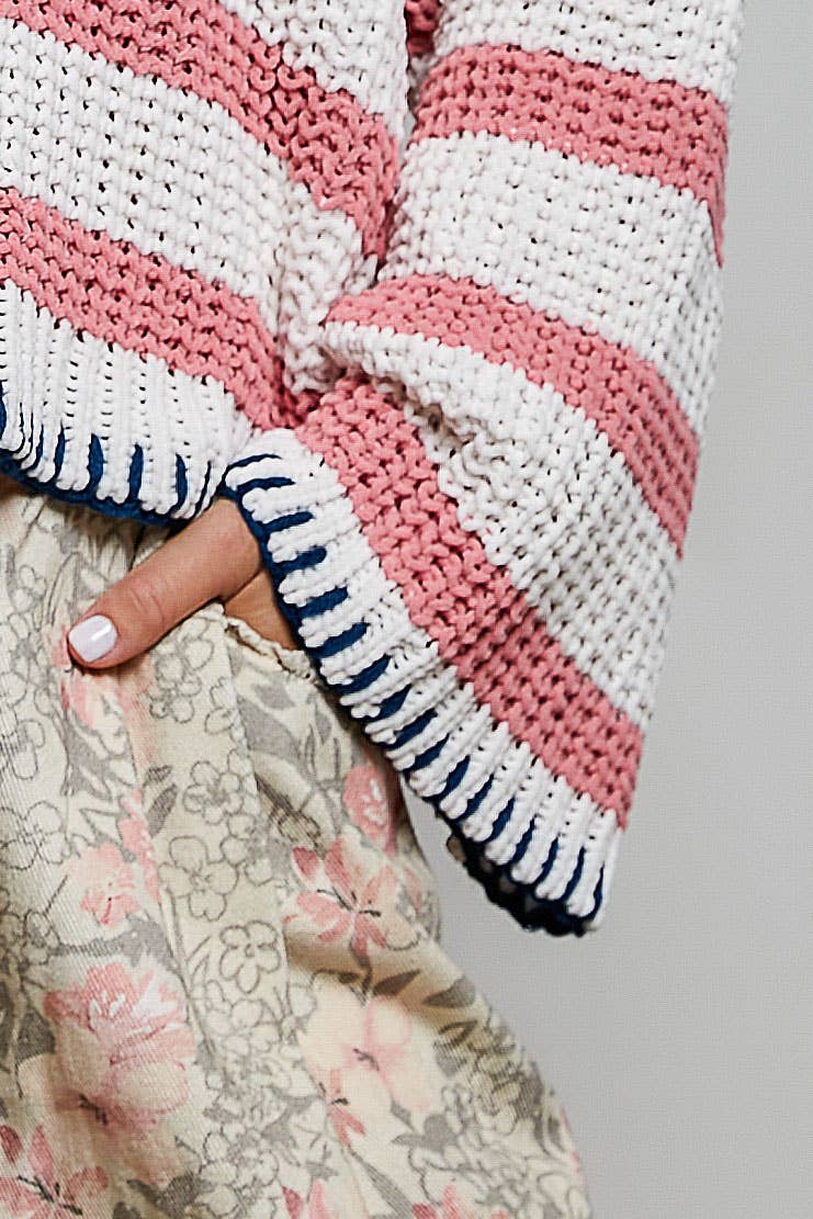 Hoodie V-neck Striped Long Sleeve Stitch Chenille Sweater: IVORY/PINK
