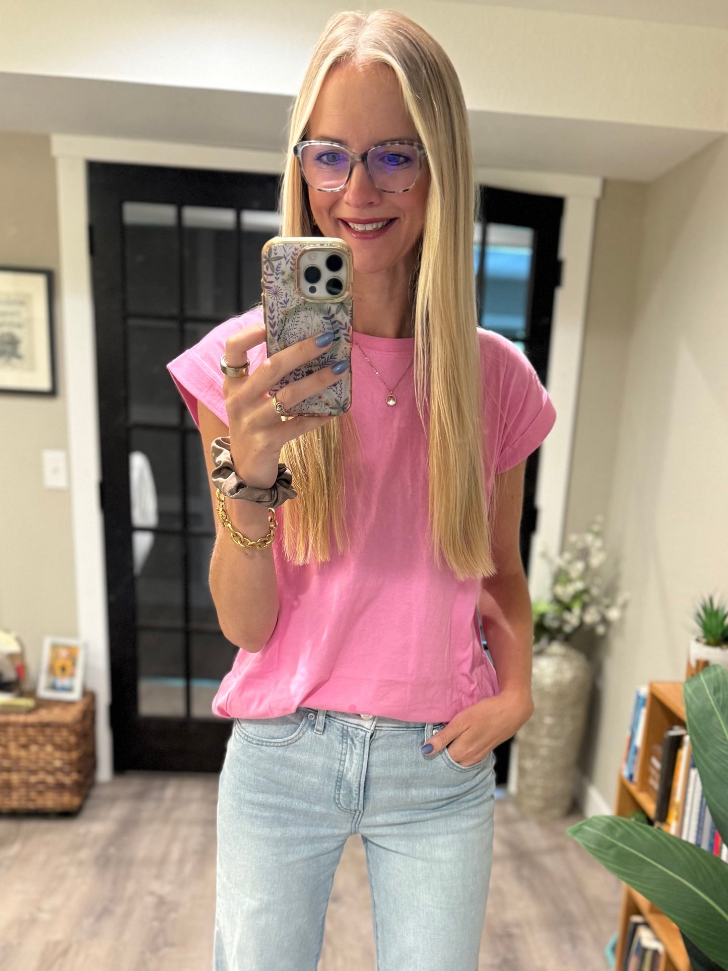 Round Neck Folded Short Sleeve T-shirt - Candy Pink