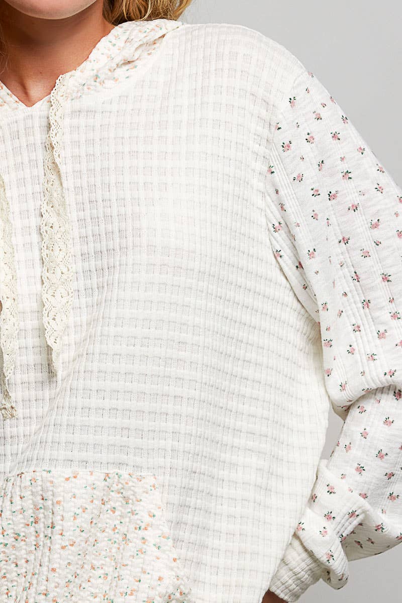 Kangaroo Pocket Mixed Knit Contrast Hooded Pullover