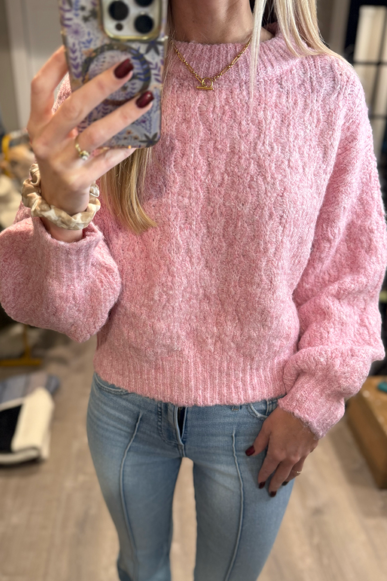 Cozy Pink Dreams Cable Knit Sweater