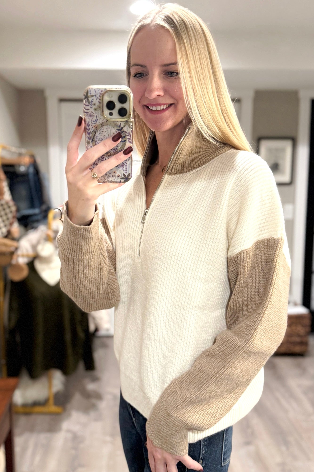 Color Block Collar Half Zipper Pullover Sweater