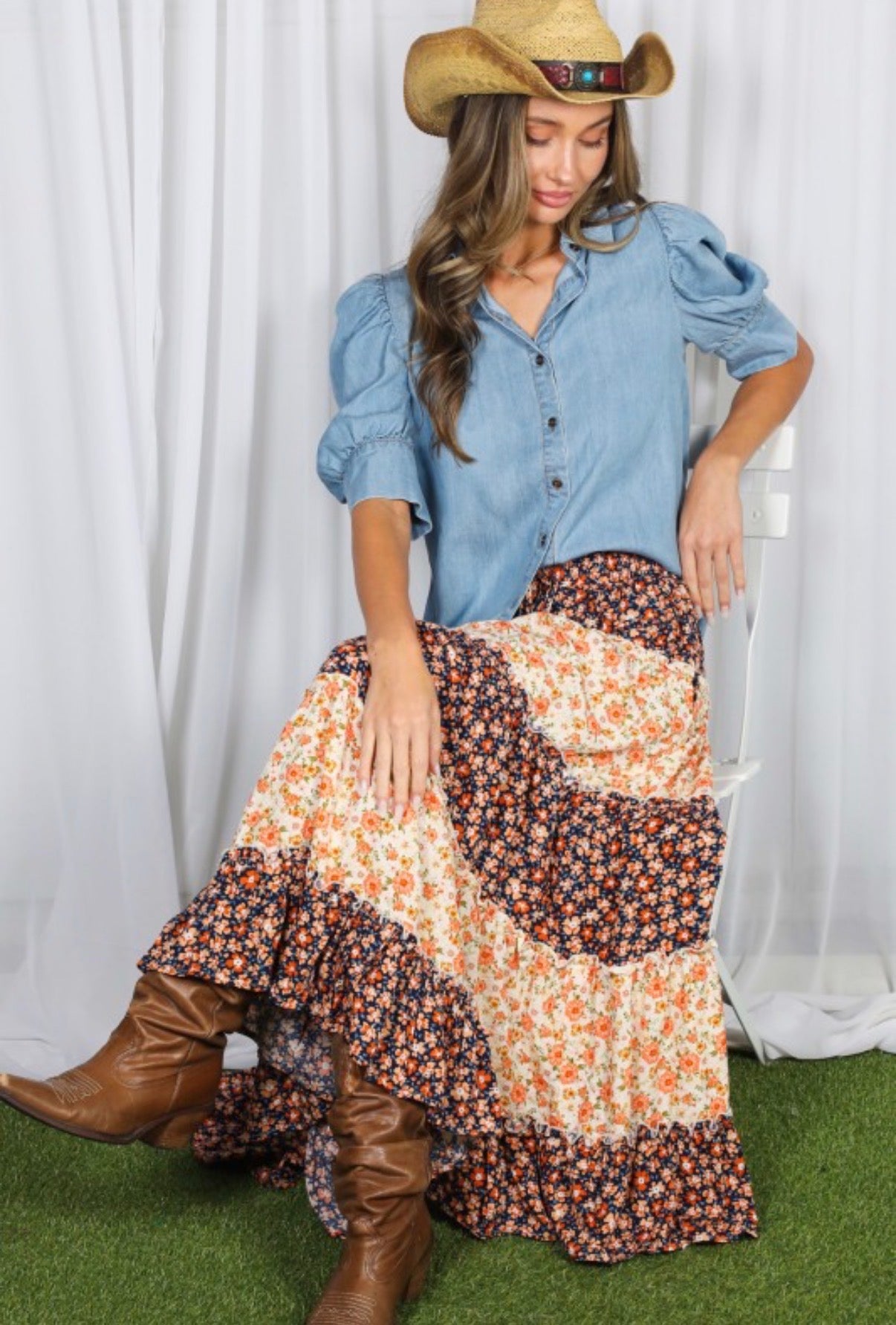 Short Puff Sleeve Chambray Shirt