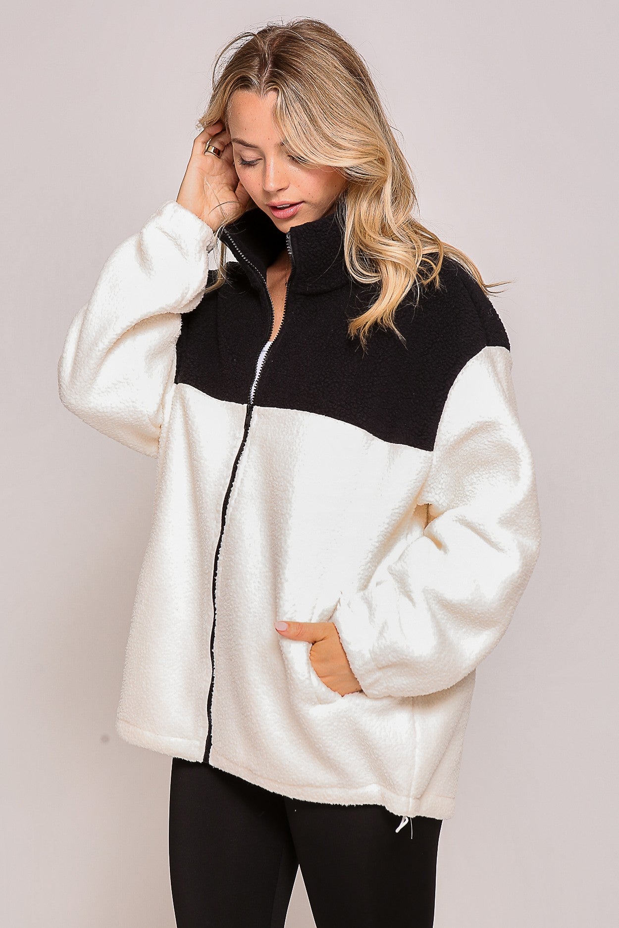 Black/Cream Color Block Sherpa Drawstring Jacket