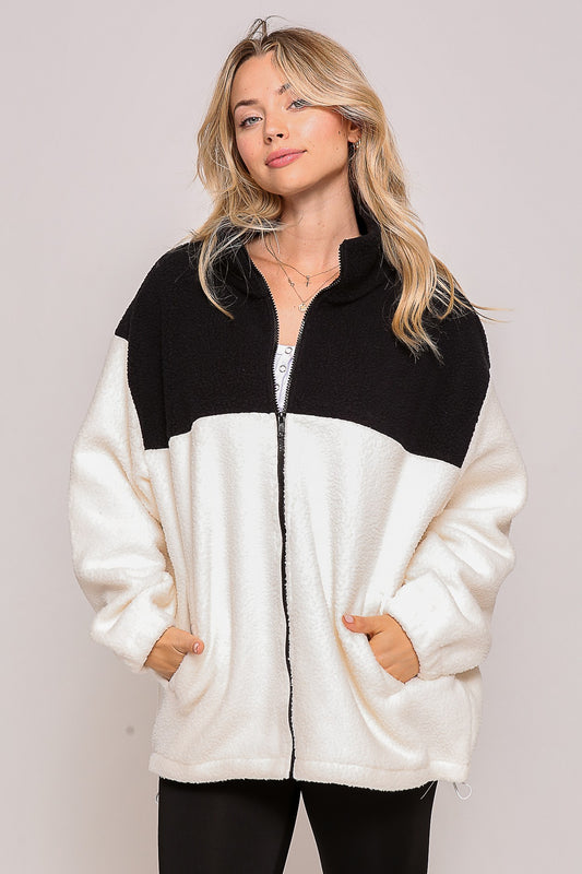 Black/Cream Color Block Sherpa Drawstring Jacket