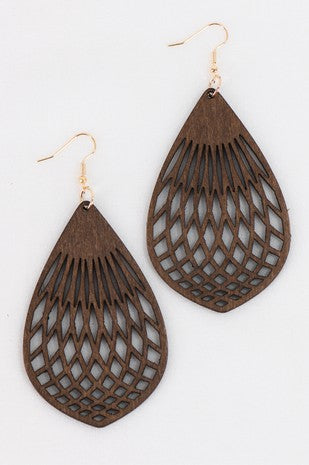 Boho Filigree Laser Cut Teardrop Wood Earrings