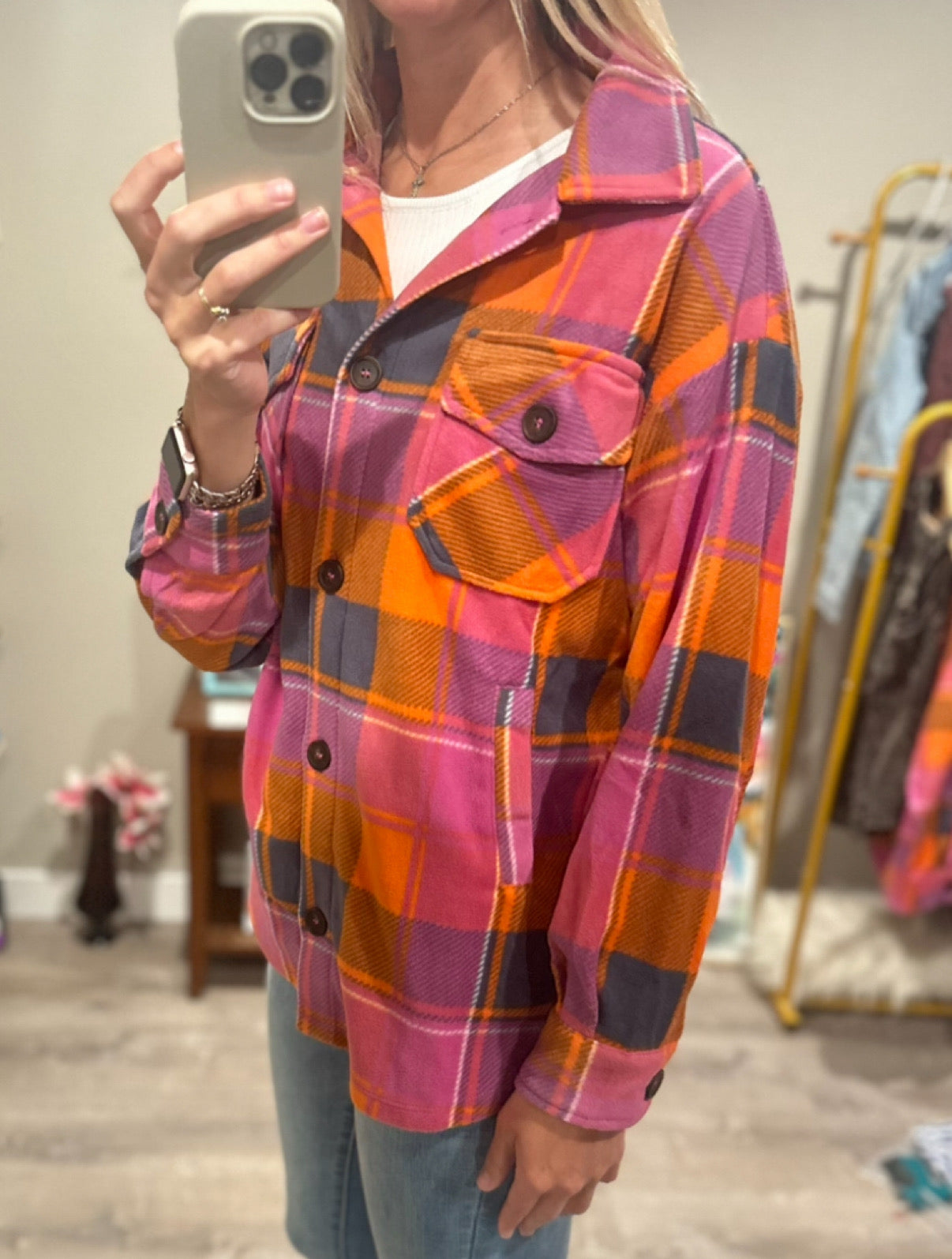 Polar Fleece Plaid Shacket With Pocket