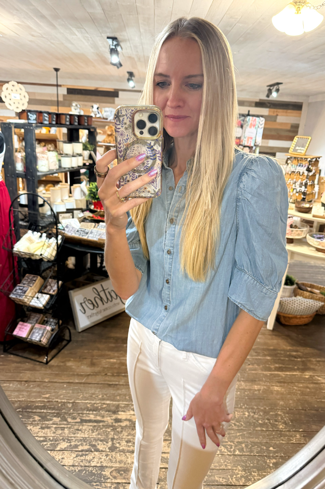 Short Puff Sleeve Chambray Shirt
