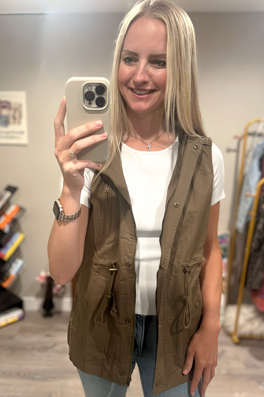 Drawstring Waist Military Hoodie Vest
