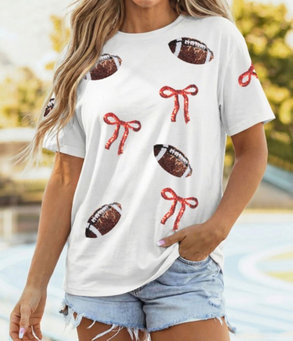 Sequin Rugby Bow Print Round Neck Casual Shift Tee
