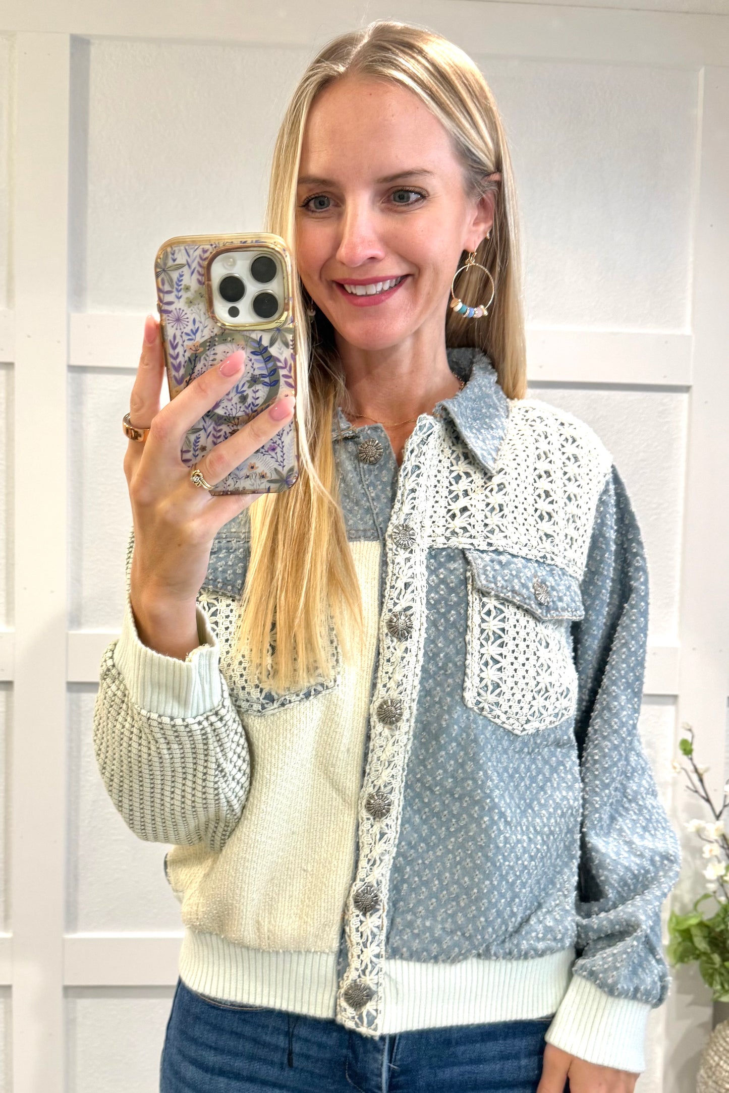 Vintage Washed Crochet Patch Solid Twill Jacket: DENIM MULTI