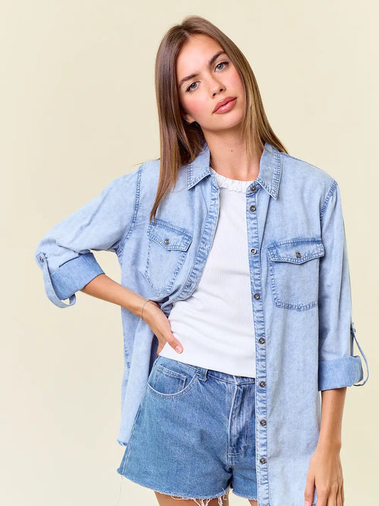 Chambray Button Down Shirt with Roll Up Sleeve