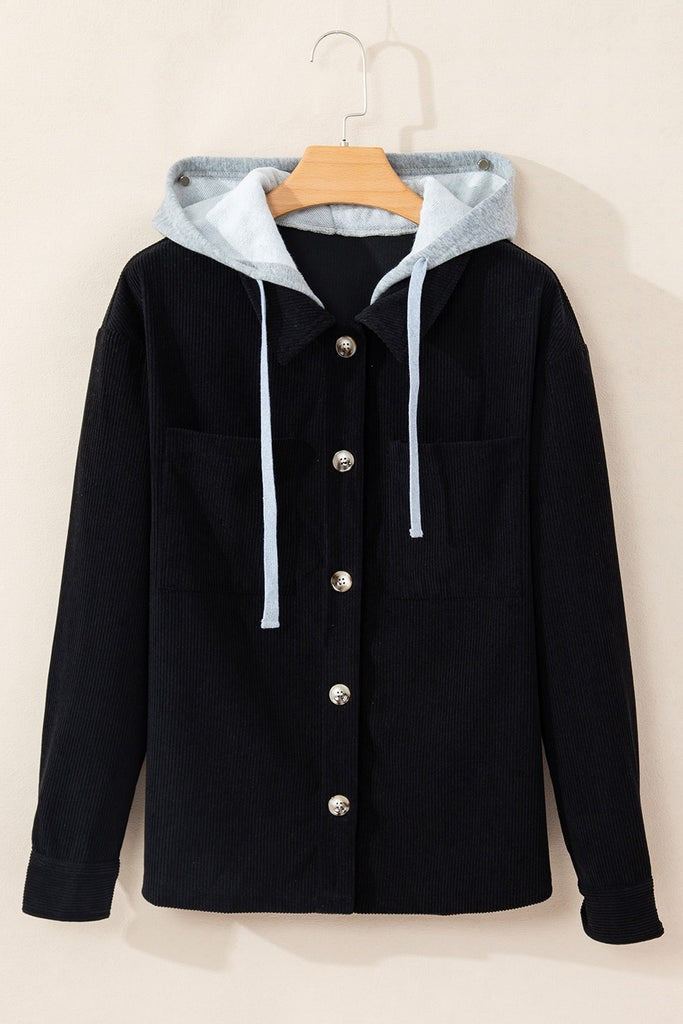 Corduroy Drawstring Hooded Shacket