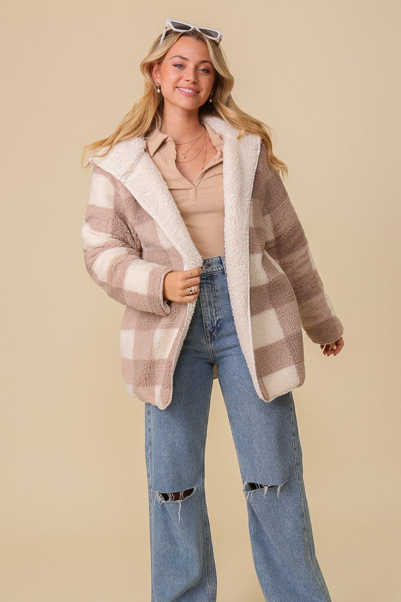 Cozy Plaid Print Teddy Cardigan