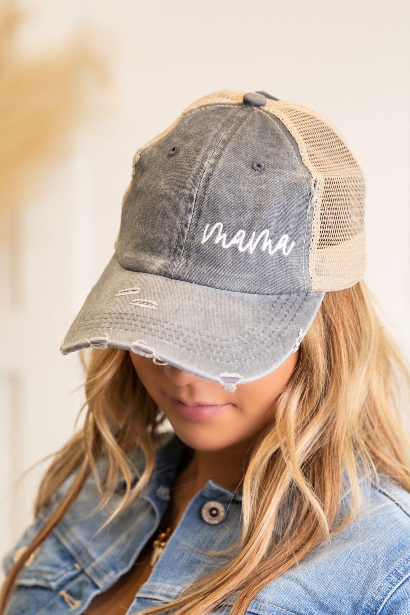 Gray Cursive Mama Embroidered Messy Bun Hat Cap