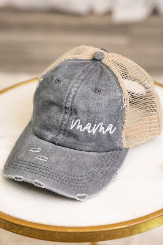 Gray Cursive Mama Embroidered Messy Bun Hat Cap