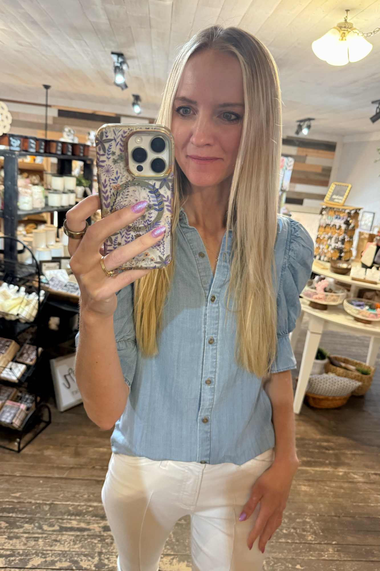 Short Puff Sleeve Chambray Shirt