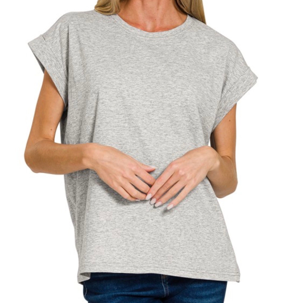 Round Neck Folded Short Sleeve T-shirt - Grey