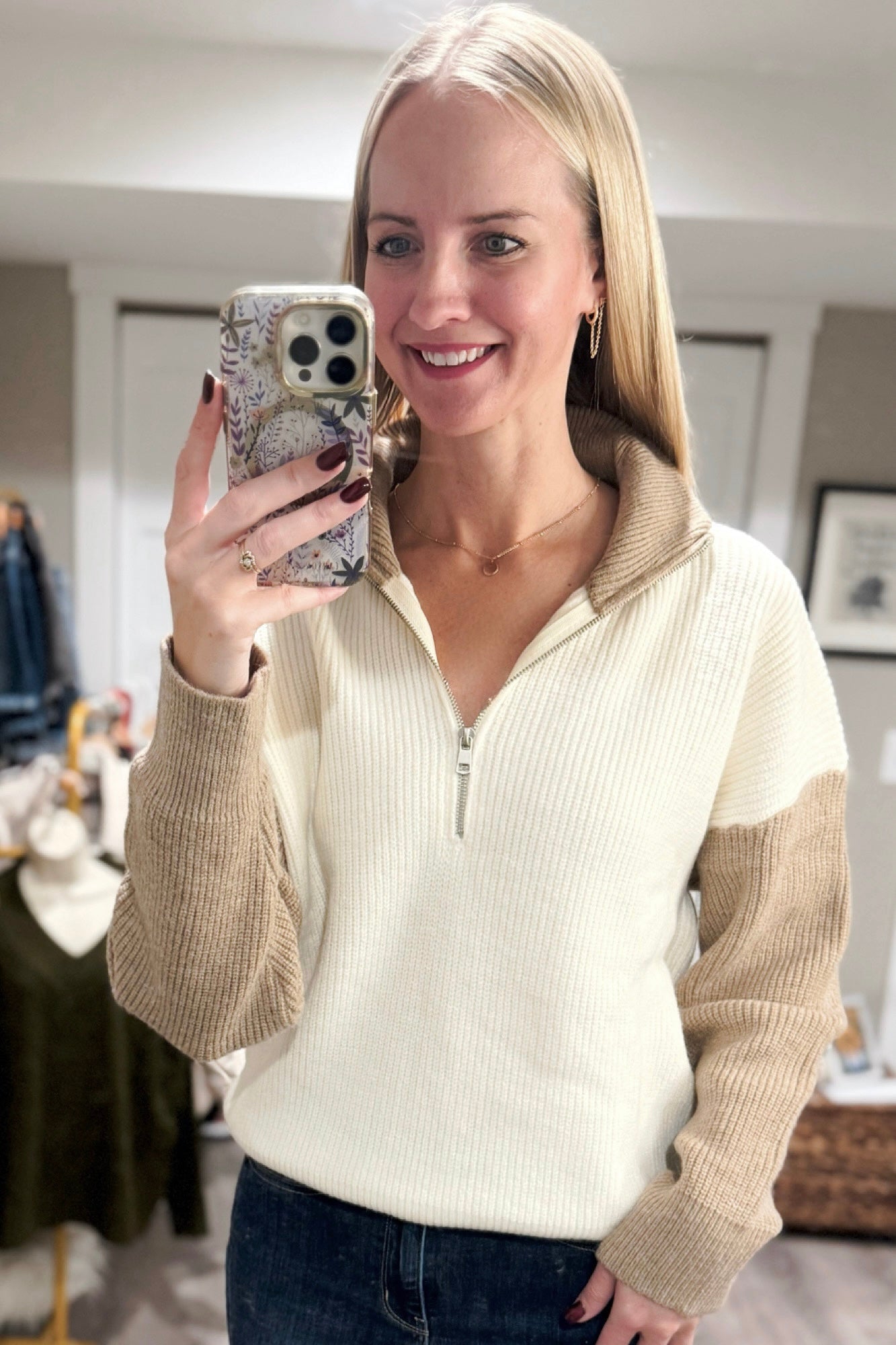 Color Block Collar Half Zipper Pullover Sweater