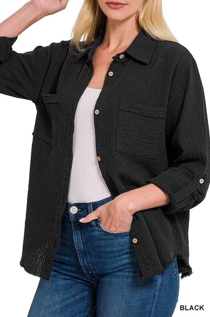 Double Gauze Button Down Roll-Up Long Sleeve Shirt