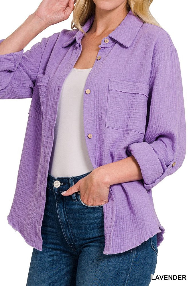 Double Gauze Button Down Roll-Up Long Sleeve Shirt