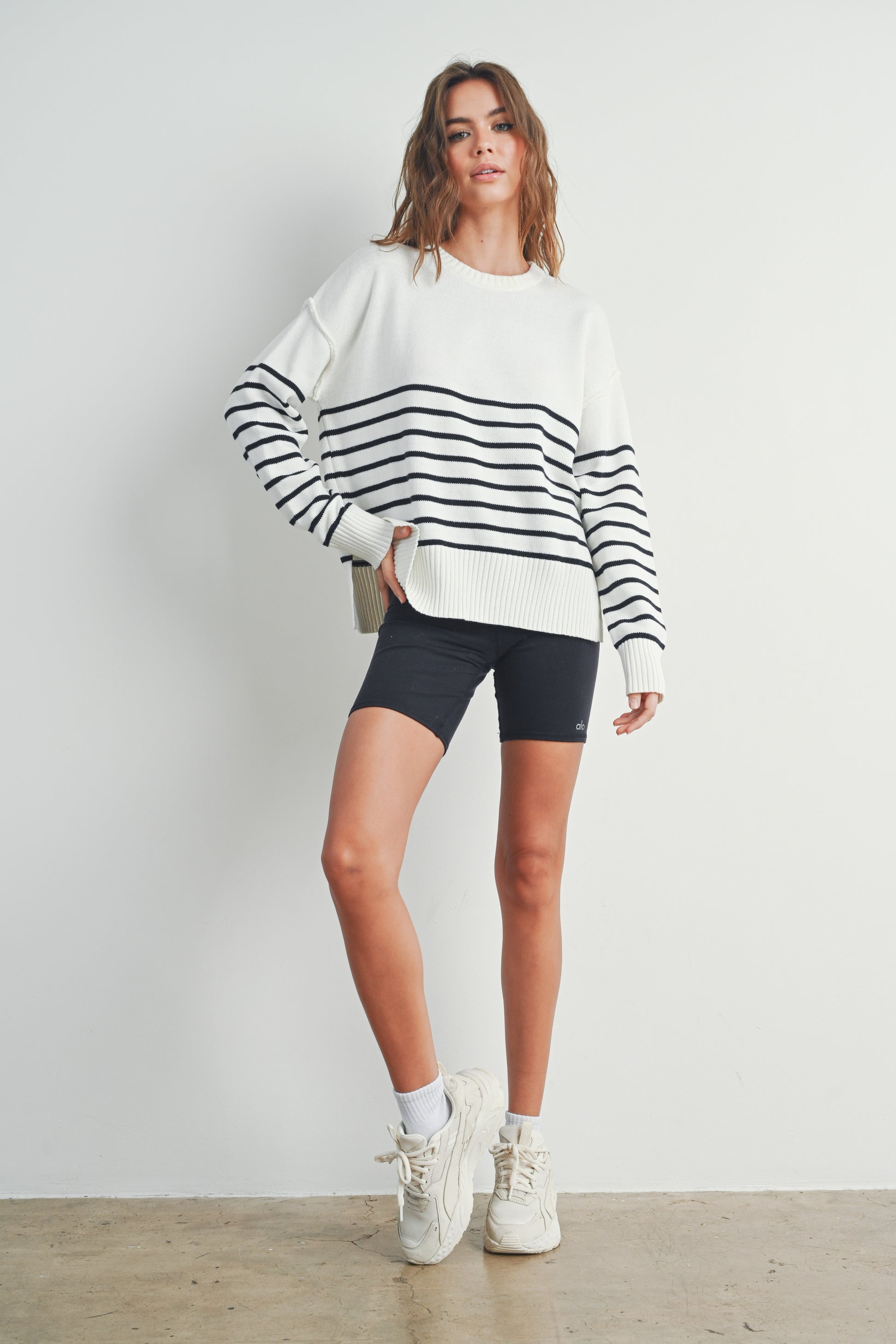 White & Black Stripe Drop-Shoulder-Knit-Striped-Sweater