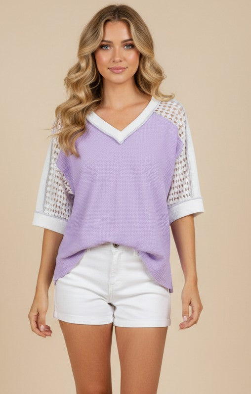 MULTIPLE COLORS: Eyelet Dream Contrast Knit Top