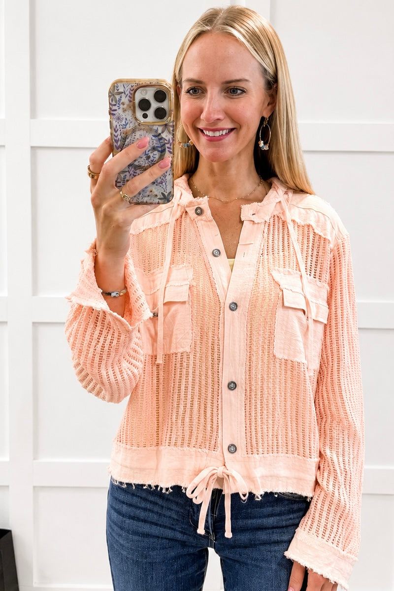 Open Knit Button Down Pocket Front Hooded Shirt Top SALE: PEACH MULTI