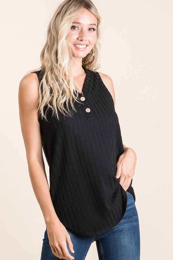 Summer Black Faux Button Tank Top