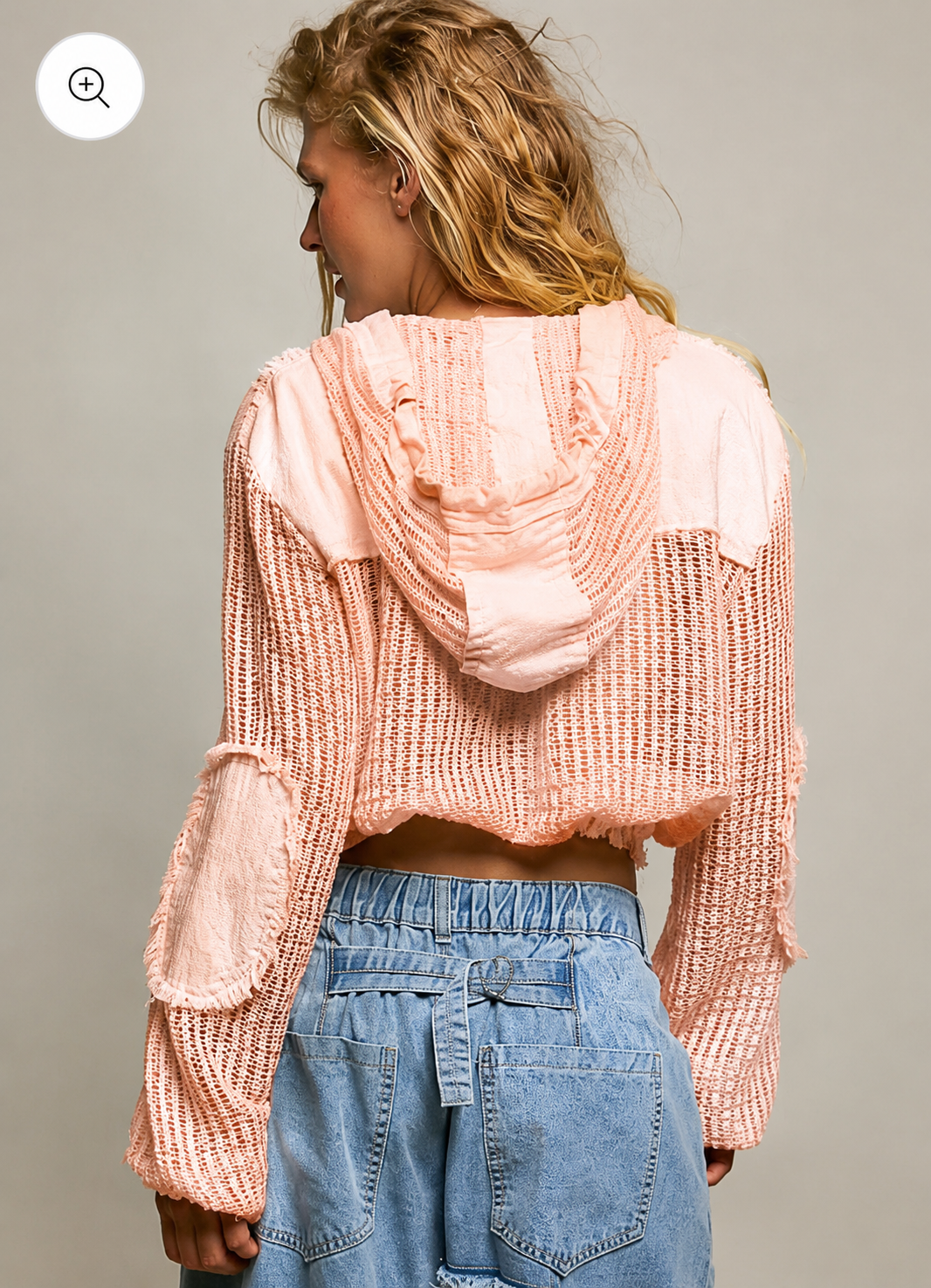Open Knit Button Down Pocket Front Hooded Shirt Top SALE: PEACH MULTI