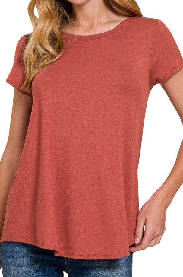 Rust Flowy Round Hem Rayon Short Sleeve Top