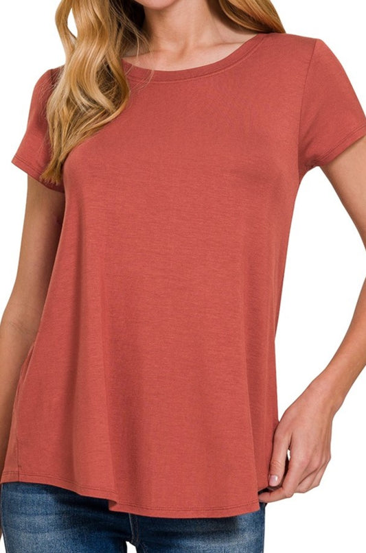 MULTIPLE COLOR OPTIONS: Flowy Round Hem Rayon Short Sleeve Top