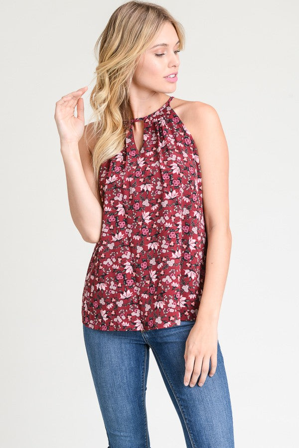 Women's Burgandy Red Tank Floral Sleeveless Top