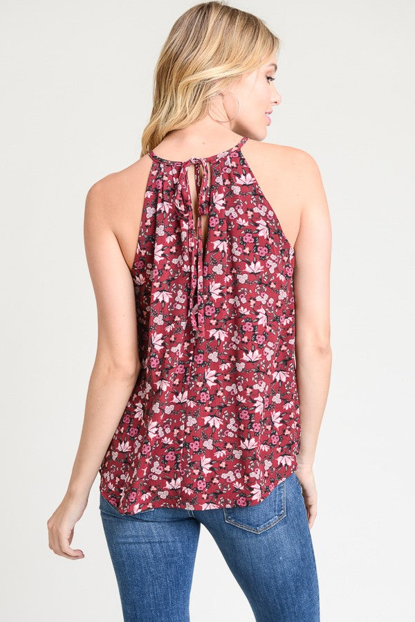 Women's Burgandy Red Tank Floral Sleeveless Top