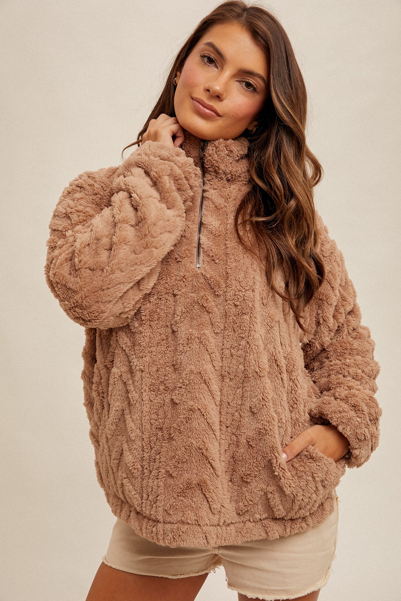 Fuzzy Half Zip Print Contrast Pullover